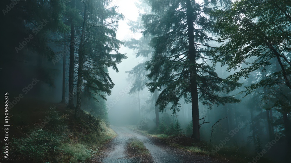 Fototapeta premium Misty Forest Road Enchanting Foggy Path Through Pine Trees