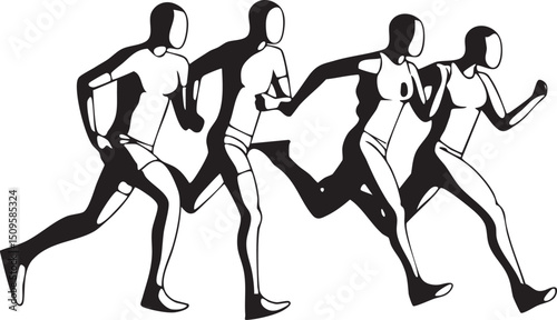 Four silhouetted runners sprint forward on a white background.