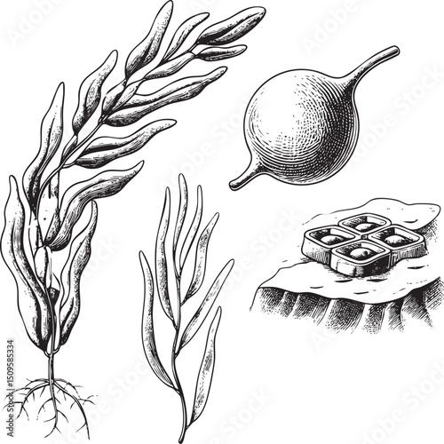 Two stylized seaweed branches and a ceramic bowl with small objects are depicted in black ink.