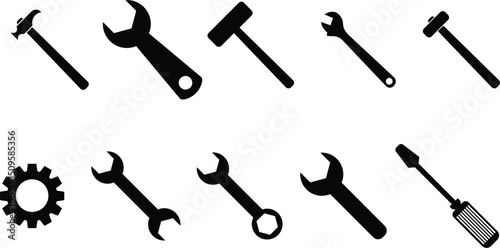 Silhouettes of Essential Hand Tools in Two Rows, Including Hammers, Wrenches, Screwdrivers, and a Gear