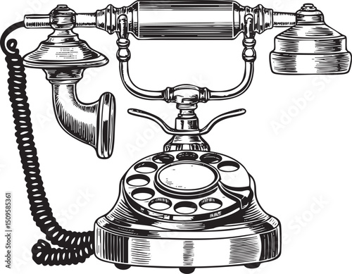 vintage rotary telephone stands on a wooden surface.