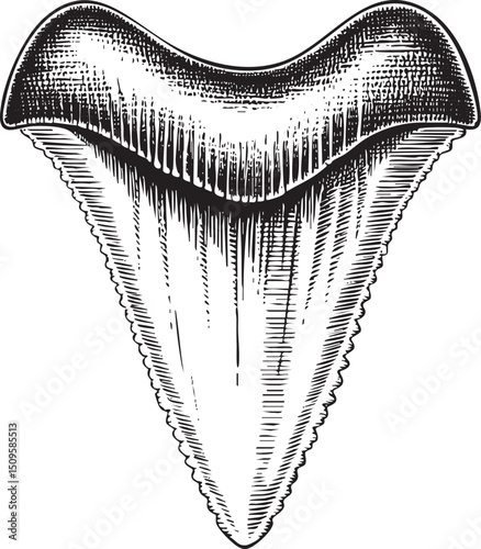detailed close-up of a large shark tooth.