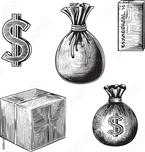 Black and white depicts a dollar sign a burlap sack filled with money and a wooden cube.