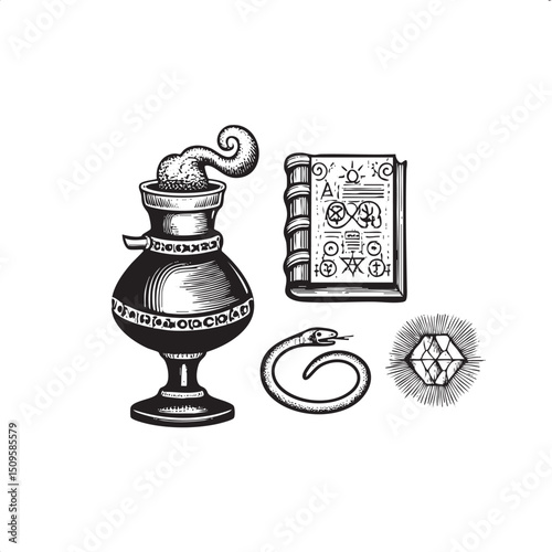 vintage ceramic potion bottle emits a swirling vapor accompanied by an open book and a coiled serpent.
