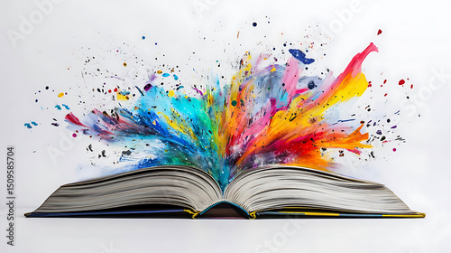 An open book with vibrant, colorful paint splashing outward in a dynamic burst of creativity.