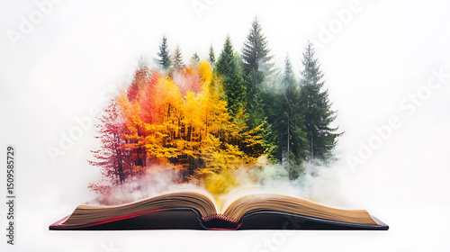 Open Book Revealing a Vibrant Forest Scene with Autumn Colors and Mist
