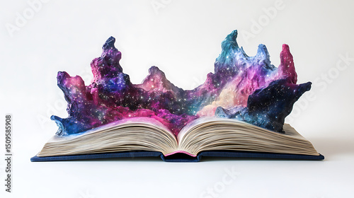 An open book with a cosmic galaxy emerging from its pages, blending vibrant colors and starry patterns.