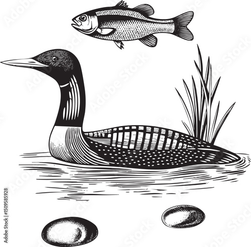 loon swims calmly on a still lake surrounded by speckled eggs.