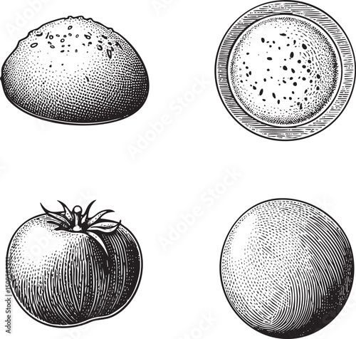 Four Fresh Fruits in Detailed Black and White