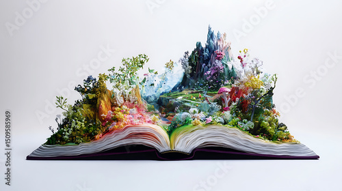 An open book with pages transformed into a vibrant, lush landscape featuring mountains, trees, and flowers.
