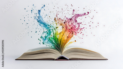 An open book with vibrant, colorful paint splashing upwards from its pages