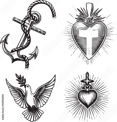 detailed black and white features an anchor a heart emblem and a in flight.