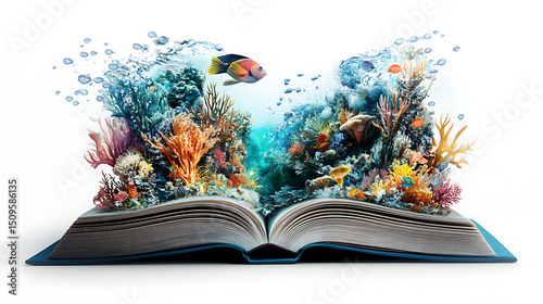 An open book revealing a vibrant underwater coral reef scene with colorful fish and marine life.