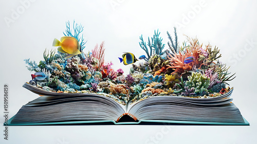 An open book with vibrant coral reefs and colorful fish emerging from its pages, blending literature with marine life.