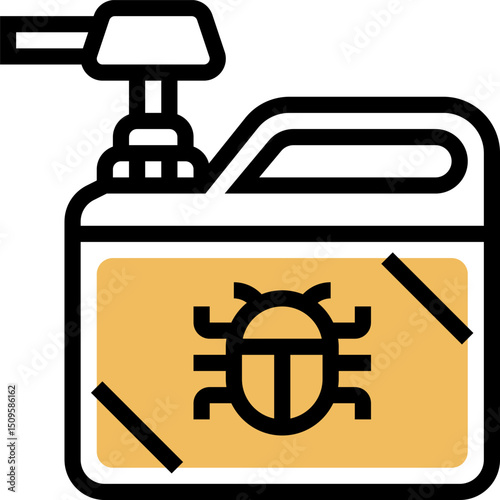 Pesticide container with beetle symbol sitting on white surface, representing pest control and agricultural practices, with a cautionary theme.