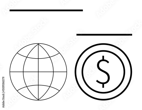 Globe with intersecting lines and circular dollar sign icon convey themes of global finance and economy. Ideal for business, trade, banking, globalization, monetary policy, investment, simple landing