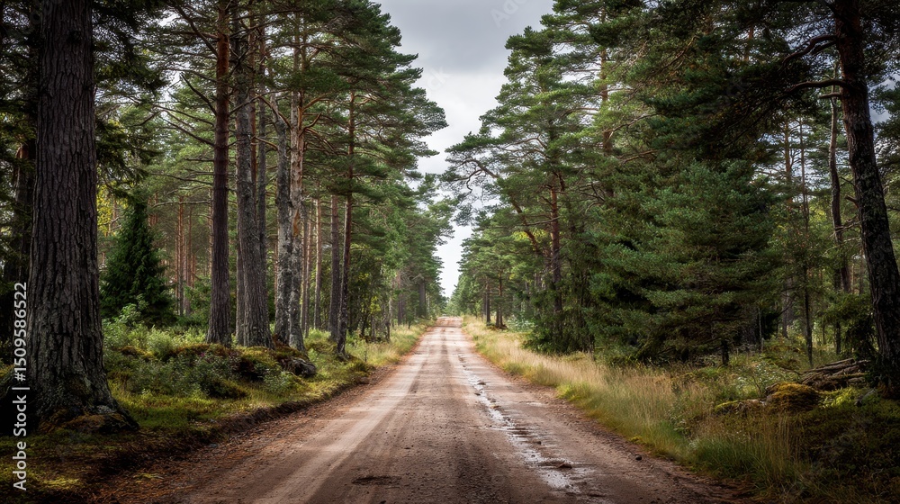 Fototapeta premium Rustic Gravel Road Winding Through a Pine Forest
