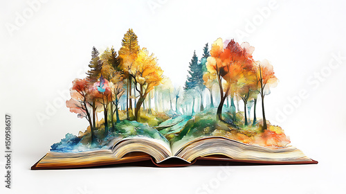 An open book with a vibrant forest scene emerging from its pages, blending nature with literature.