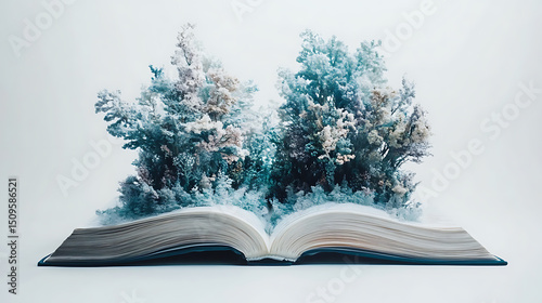 An open book with a miniature forest growing from its pages, blending nature and literature.