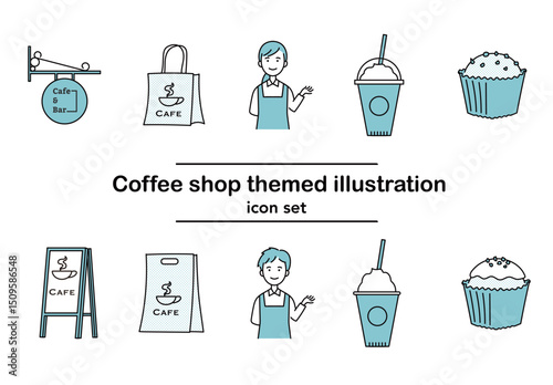 青系カラーで描かれたカフェの店員、ドリンク、スイーツ、看板などを含むおしゃれなカフェアイコンセット｜カフェスタッフ,フラペチーノ,マフィン,テイクアウト,看板,青