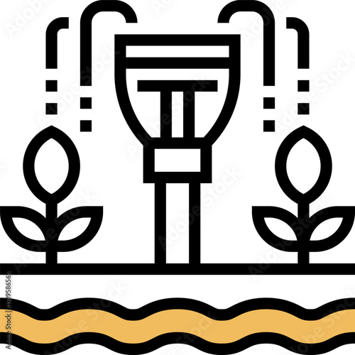 Sprinkler irrigates plants in a garden bed, providing essential hydration for healthy growth and vibrant greenery, promoting sustainability and environmental consciousness.