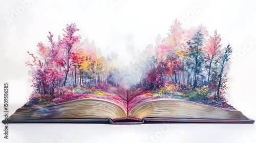 An open book with pages transforming into a vibrant, colorful forest scene.