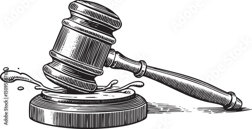 dark gavel rests on a wooden surface with water droplets scattering.