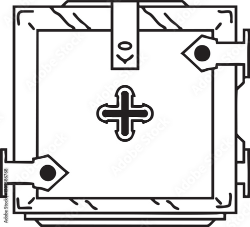 stylized black and white geometric cross emblem is prominently displayed within a square frame.