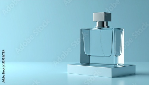 Perfume advertisement, luxury and minimalism: Luxe perfume on mirrored base, minimal elegance.
