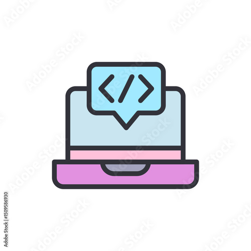 Colorful Illustration Of Laptop With Code Snippet In Speech Bubble
