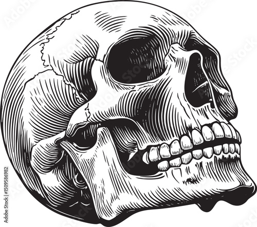 detailed black and white of a human skull.