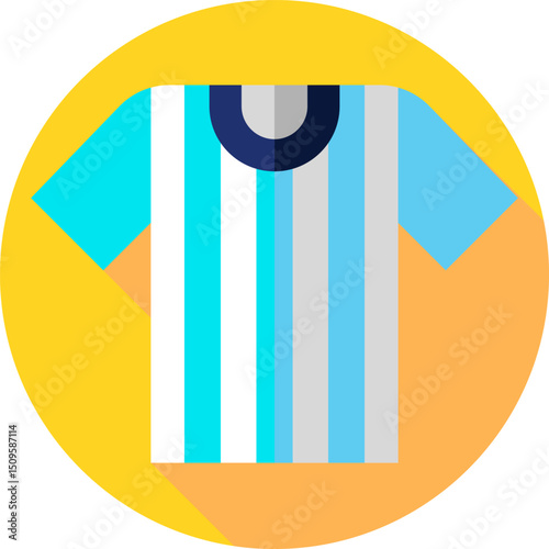 Soccer jersey with blue and white stripes represents team spirit and sportsmanship on a yellow circular badge, symbolizing energy and enthusiasm.