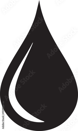 single stylized black water droplet rests on a white background.