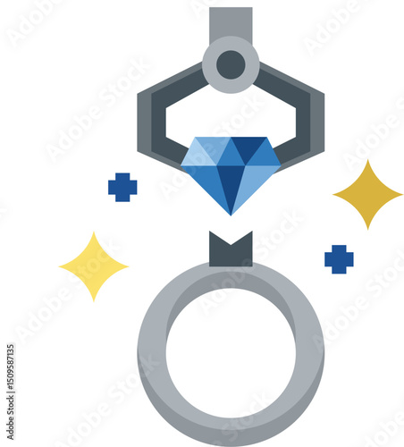 Robotic claw placing diamond into ring in a jewelry making workshop, symbolizing precision and craftsmanship.