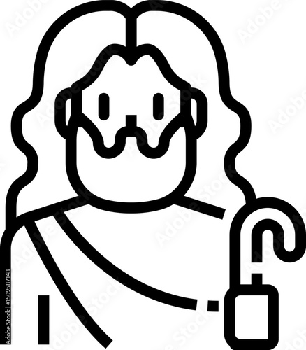 Jesus christ holding shepherd's crook in simple line drawing representing faith and guidance, conveying a sense of peace and hope.