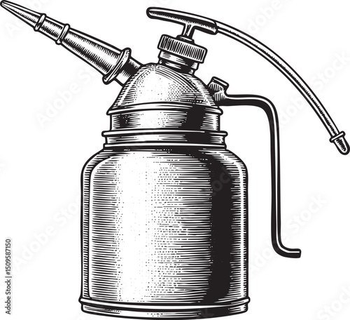 vintage oil can rests on a white background ready for use.