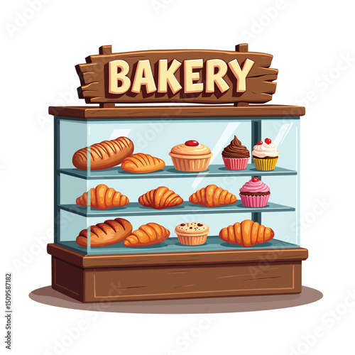 Bakery display case with bread croissants and cupcakes for sale at a pastry shop or cafe store