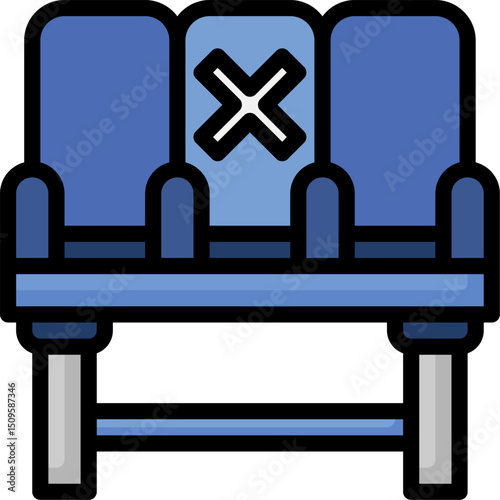 Blue cinema seats showing social distancing measures in a theater during the pandemic to ensure safety and prevent the spread of disease.