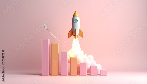 A detailed rocket launches above the bar graph, resembling a real rocket launch into space.
