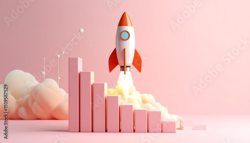 A detailed rocket launches above the bar graph, resembling a real rocket launch into space.
