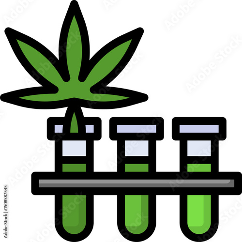 Cannabis leaf rests atop test tubes filled with green liquid in laboratory setting, symbolizing scientific research and potential medical applications.