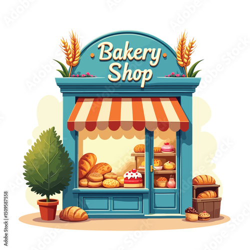 Bakery shop cartoon illustration with bread and cakes for online food delivery service promotion