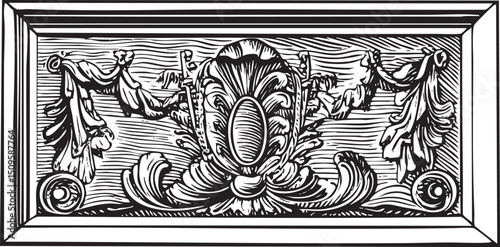 decorative ornate frame showcases a central floral emblem with flanking figures.
