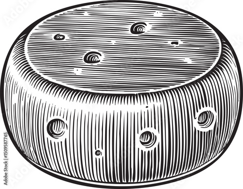 textured circular cheese wedge rests on a wooden surface.
