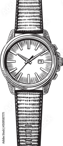 black and white wristwatch displays the time on its face.