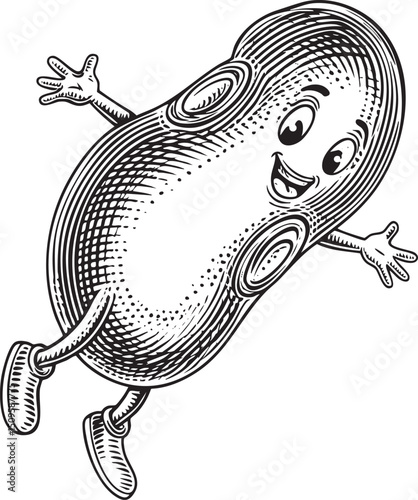 smiling elongated rubber tire character playfully runs forward.