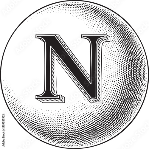 bold ornate capital letter ‘N’ is prominently displayed within a textured sphere.