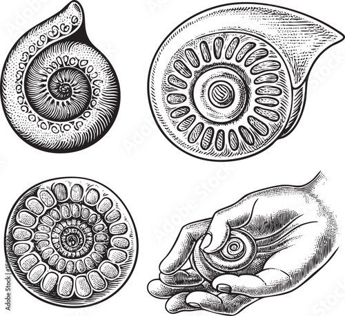 Four intricately detailed black and white spiral shells are presented in a circular arrangement.