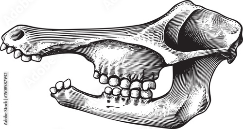 detailed black and white depicts a dog skull with its mouth open.