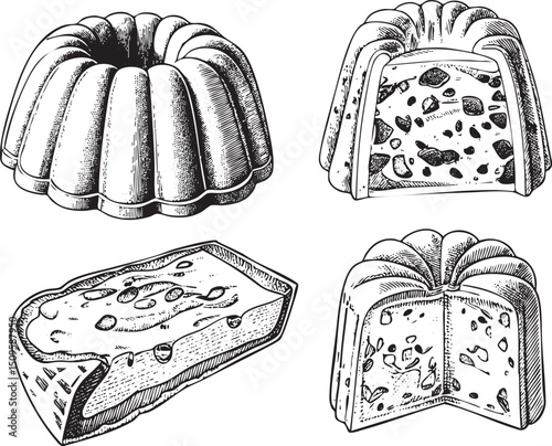 Four detailed sketches depict various baked goods including a bundt cake a loaf of bread and a layered dessert.
